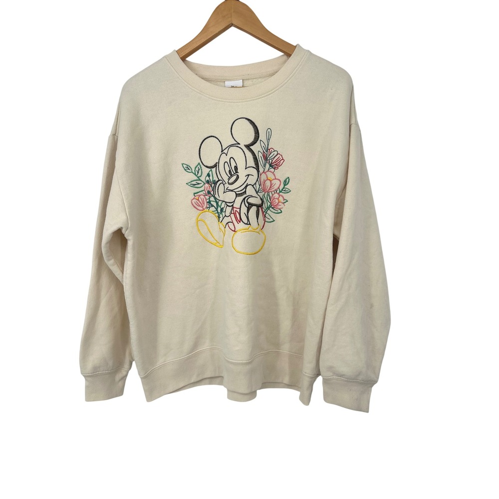 Disney Mickey Mouse Sweatshirt Women 2XL‎ Cream Floral Embroidered Pullover Crew